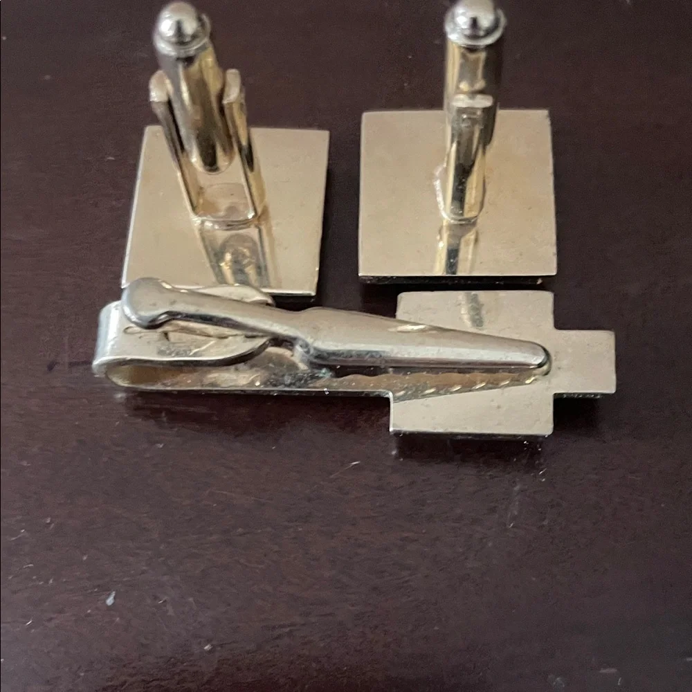 SWANK Silver and White Monogram Cufflinks and Tie Clip